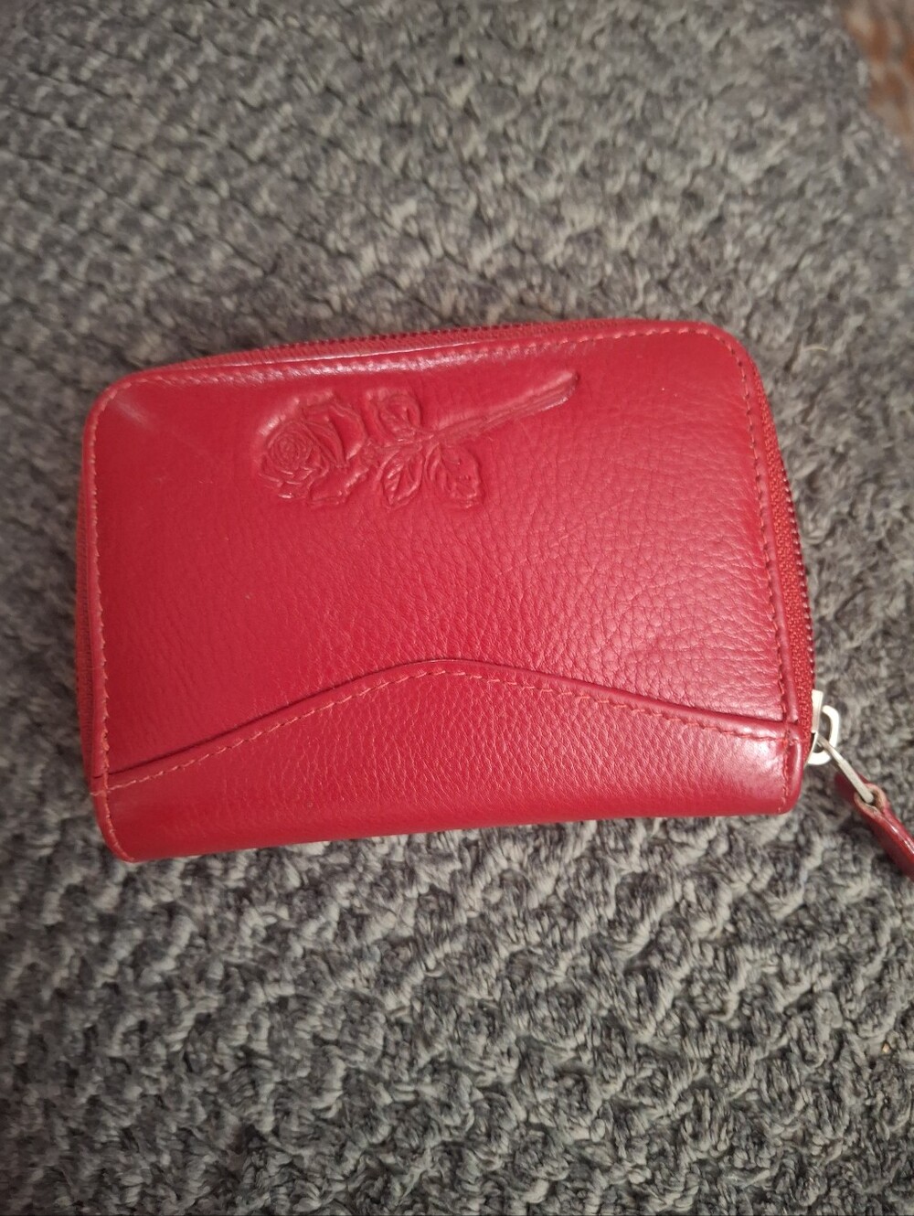 Red Embossed Rose Zip Wallet